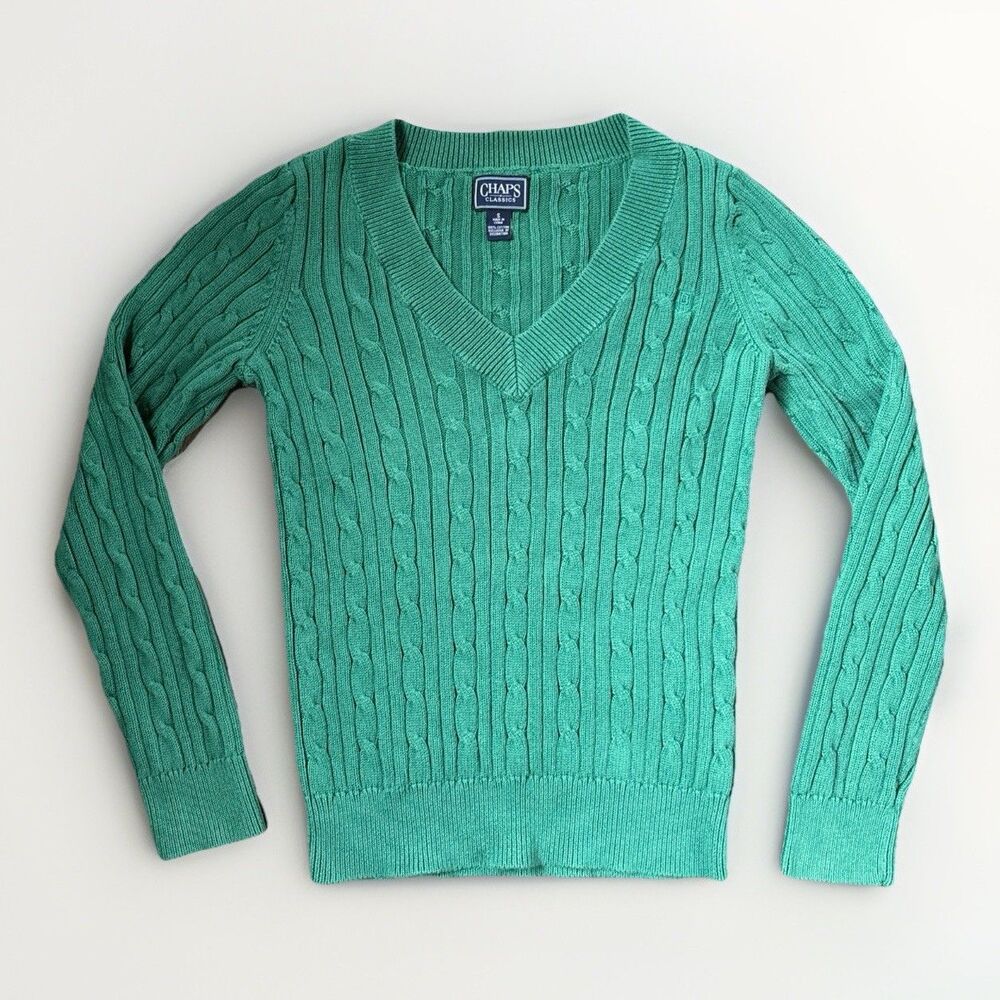 Women’s Vintage Chaps Preppy Cotton Cableknit V-Neck Green Sweater Size S